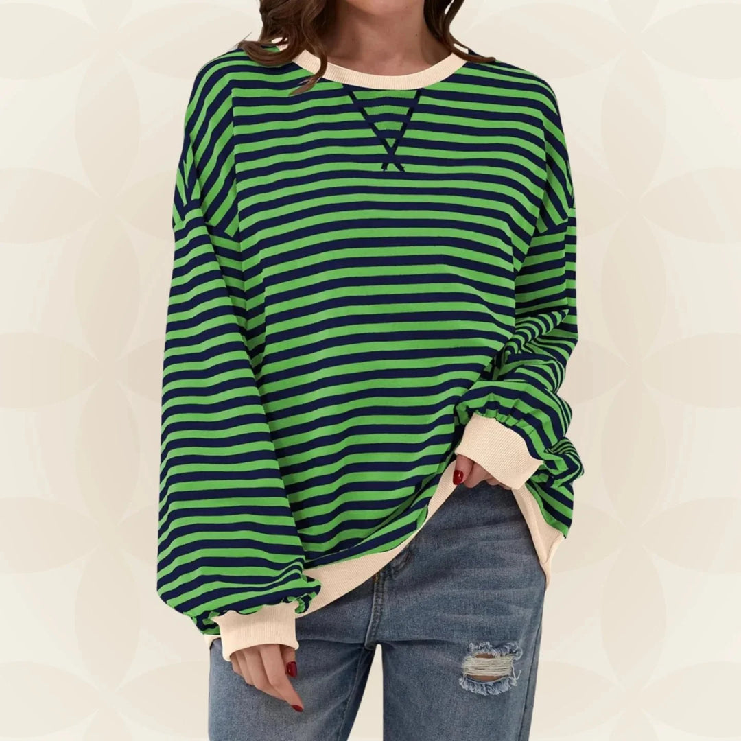 Red striped women's sweatshirt with contrast cuffs and hem in everyday casual styling