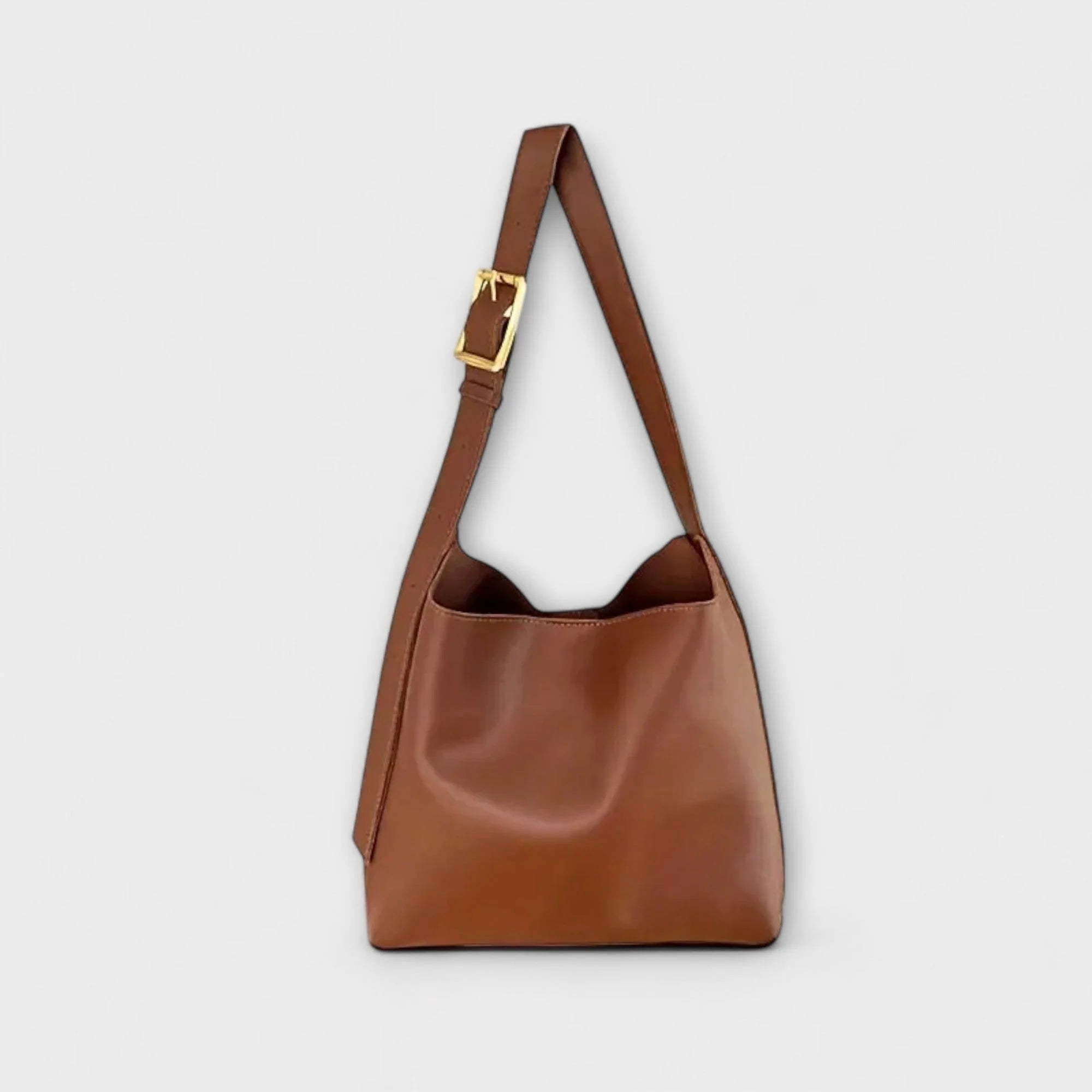 Women's shoulder bag with adjustable strap and gold-tone buckle in brown finish
