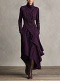 Women's turtleneck maxi dress in deep purple with asymmetric draped panels and long sleeves