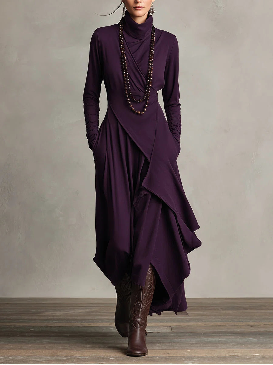 Women's turtleneck maxi dress in deep purple with asymmetric draped panels and long sleeves