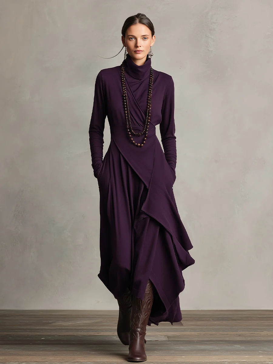 Dark brown turtleneck maxi dress showing draped design and floor-length cut