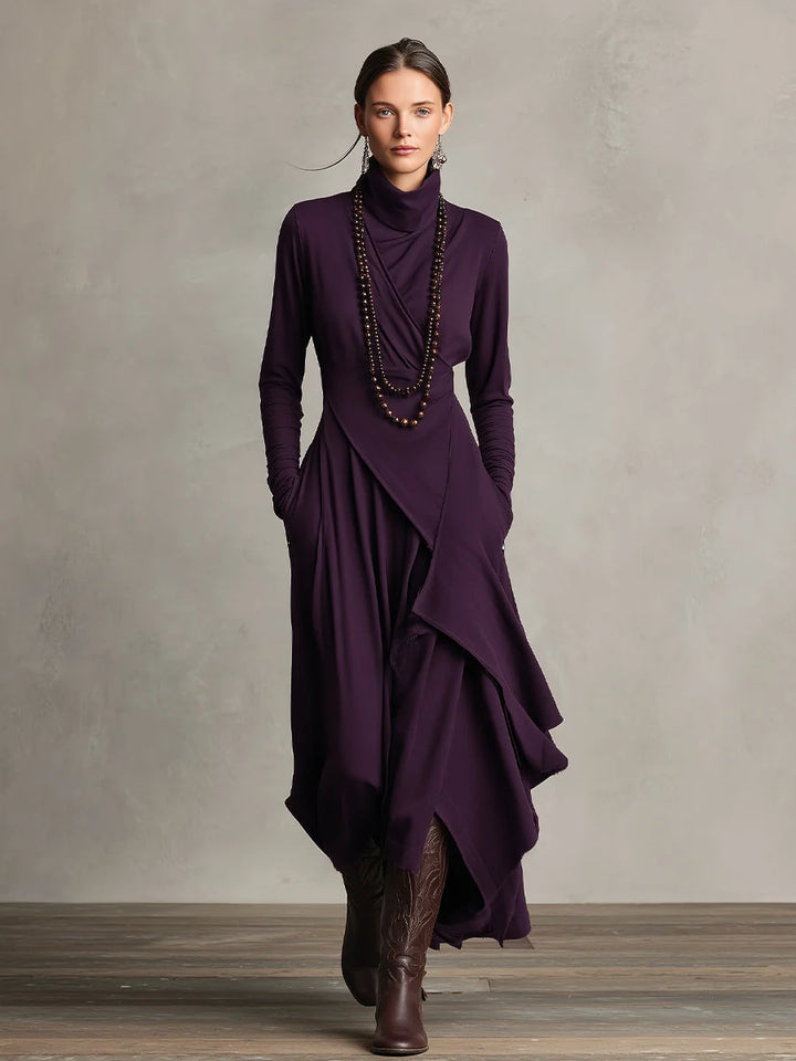 Dark brown turtleneck maxi dress showing draped design and floor-length cut