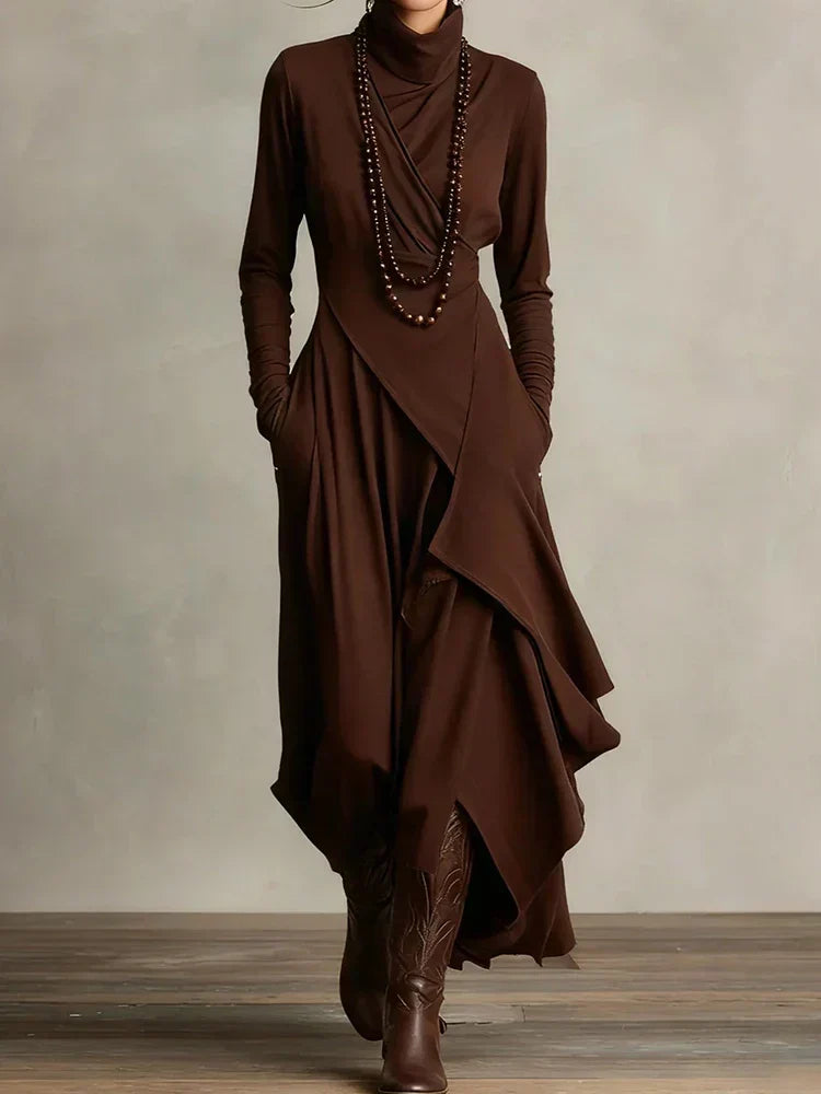 Full-length view of purple turtleneck maxi dress styled with boots