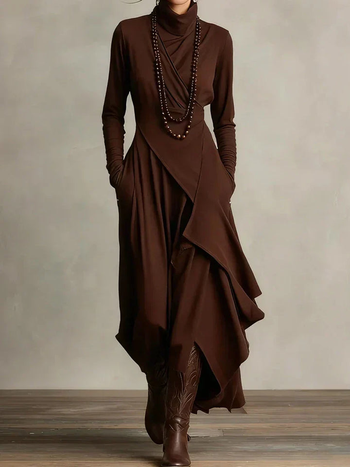 Full-length view of purple turtleneck maxi dress styled with boots
