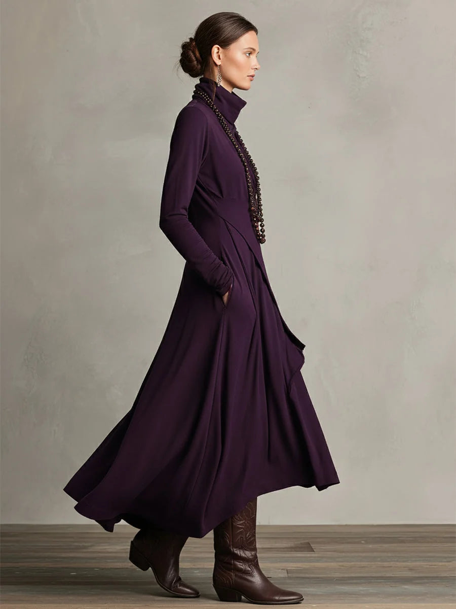 Green turtleneck maxi dress with asymmetric draping and relaxed fit