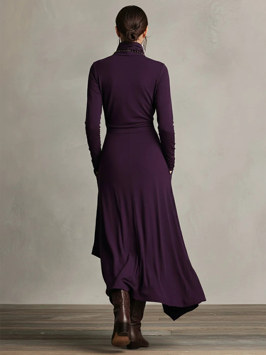 Royal blue asymmetric maxi dress with high neckline and long sleeves