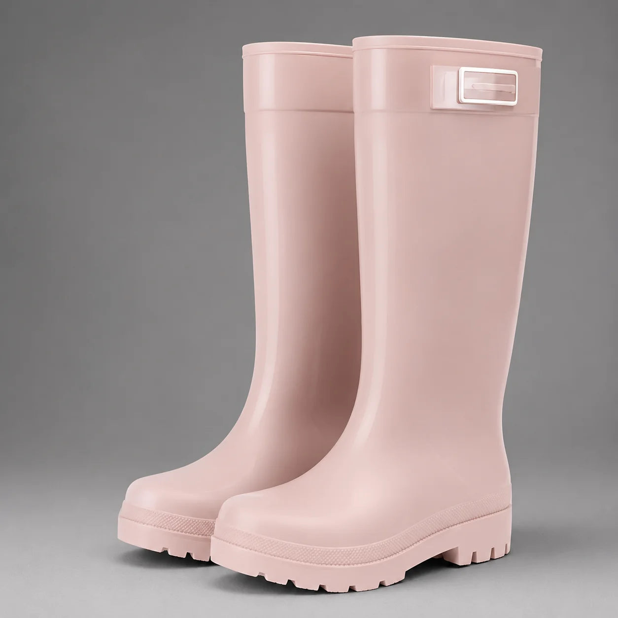 Women's wellington boots in pink displayed from rear angle showing knee-high shaft and cushioned heel design