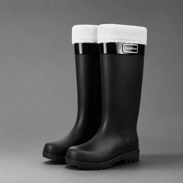 Pair of women's wellington boots in pink with non-slip tread and glossy waterproof finish for outdoor activities