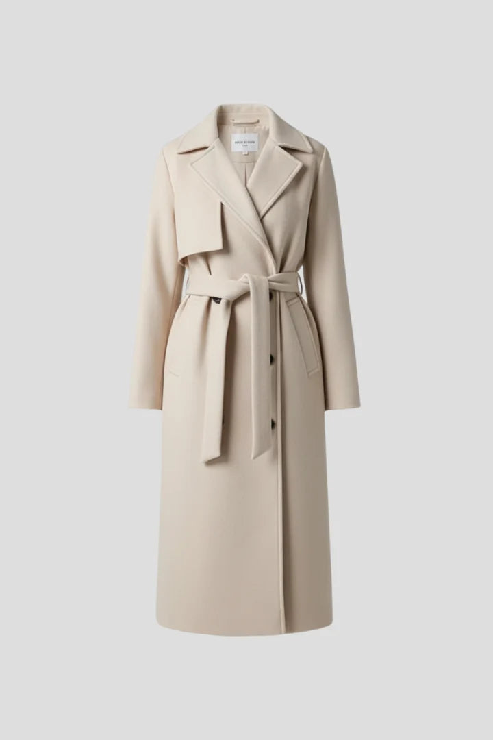 Front view of women's belted trench coat showing notch collar and adjustable waist tie detail