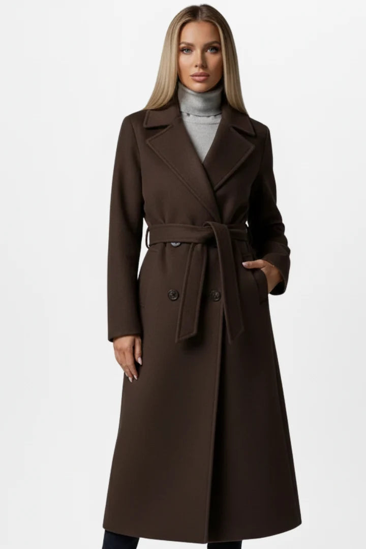 Detail shot of notch collar and lapel construction on women's trench coat