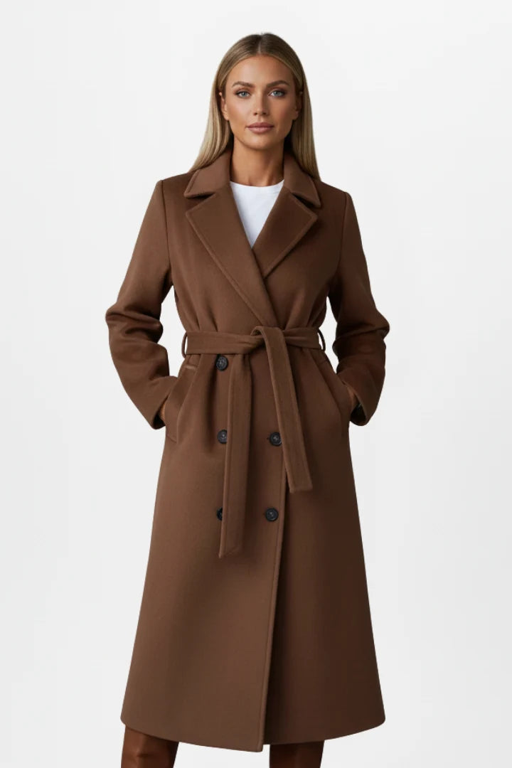 Back view of women's belted trench coat showing clean lines and waist belt tie