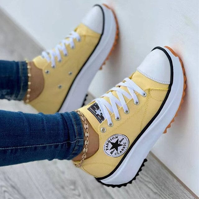 Women's chunky canvas trainers styled with casual denim for everyday street-ready look