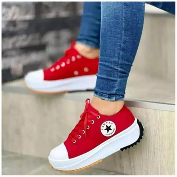 Women's chunky canvas trainers from multiple angles showing platform sole and sporty design