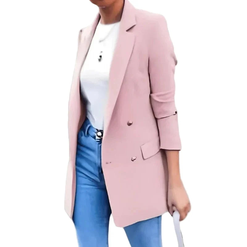 Front view of tailored longline blazer showing double-breasted button closure and structured silhouette