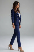 Navy blue tailored blazer with six decorative buttons and matching trousers displayed flat