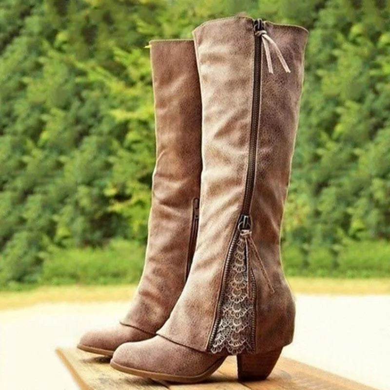 Women's knee-high boots in brown with side zip closure and lace inset detail on block heel