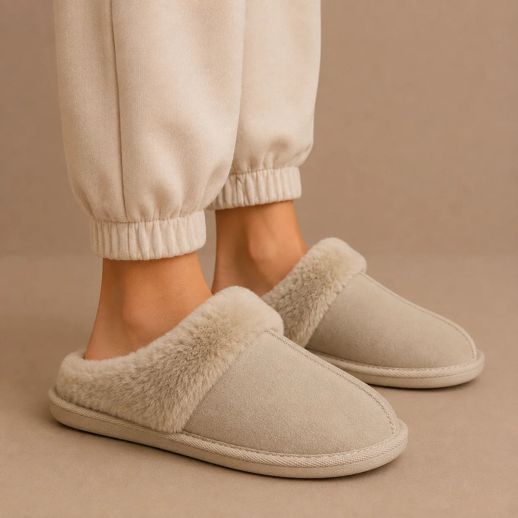 Women's mule slippers with faux fur trim and suede-effect upper on beige background