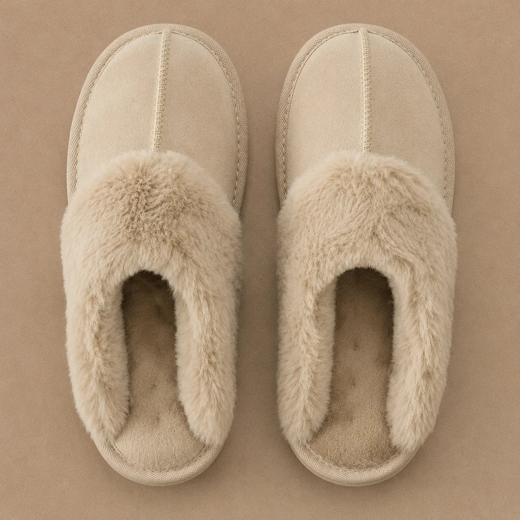 Close-up of women's mule slippers showing faux fur collar and cushioned footbed detail