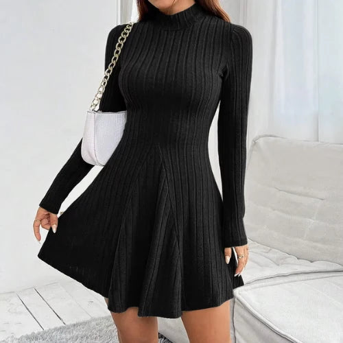 Front view of ribbed knit dress showing fitted bodice and A-line flared skirt