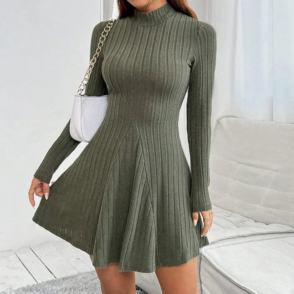 Close-up of ribbed knit dress texture and high neckline detail