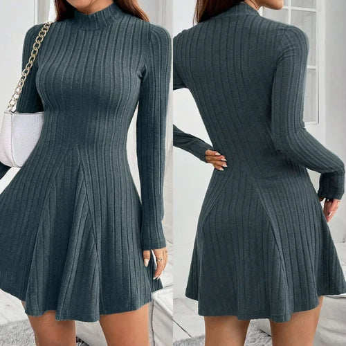 Women's long sleeve dress in brown with structured knit fabric and flared hem