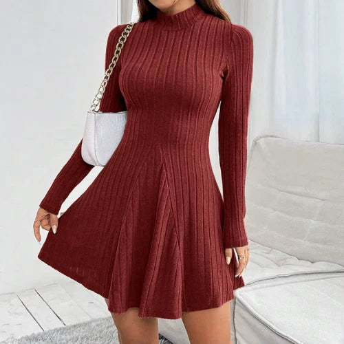 Full-length view of ribbed knit dress showing mock neck and A-line cut