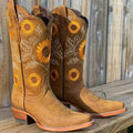 Women's sunflower embroidered cowboy boots in tan and brown with mid-calf height and block heel
