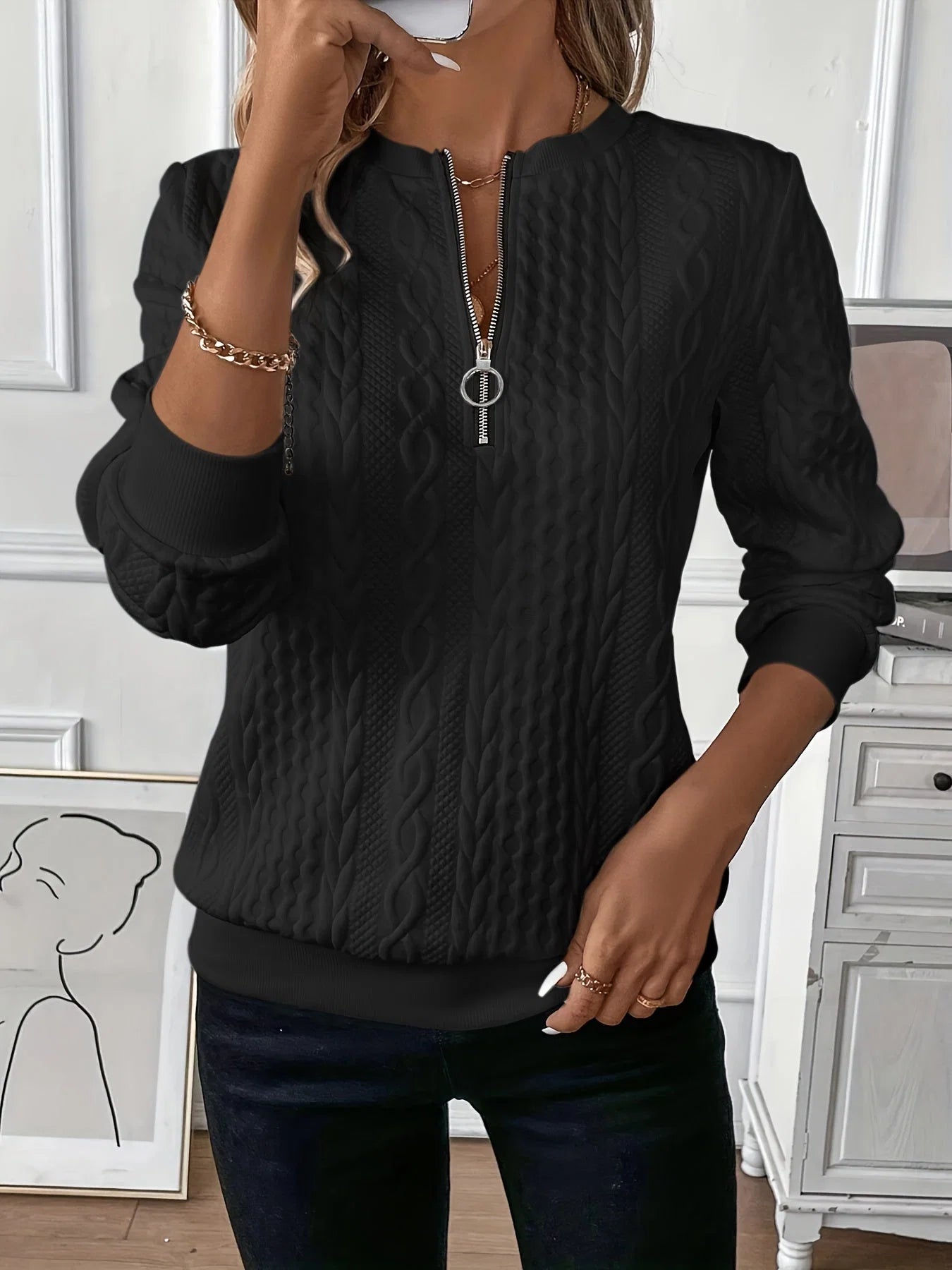 Women's half-zip jumper in grey colourway with cable knit design