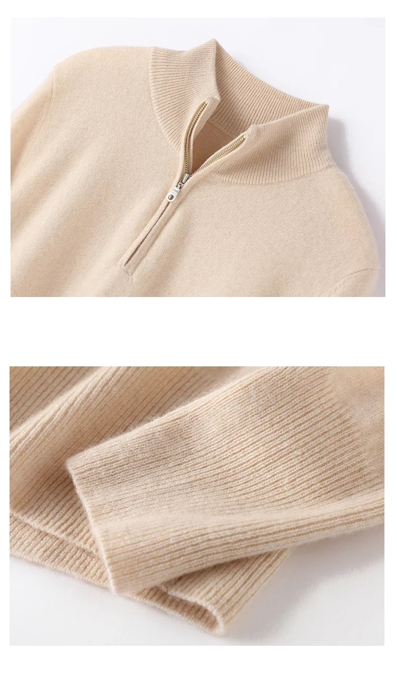 Side profile of women's cashmere zip up jumper displaying ribbed detailing