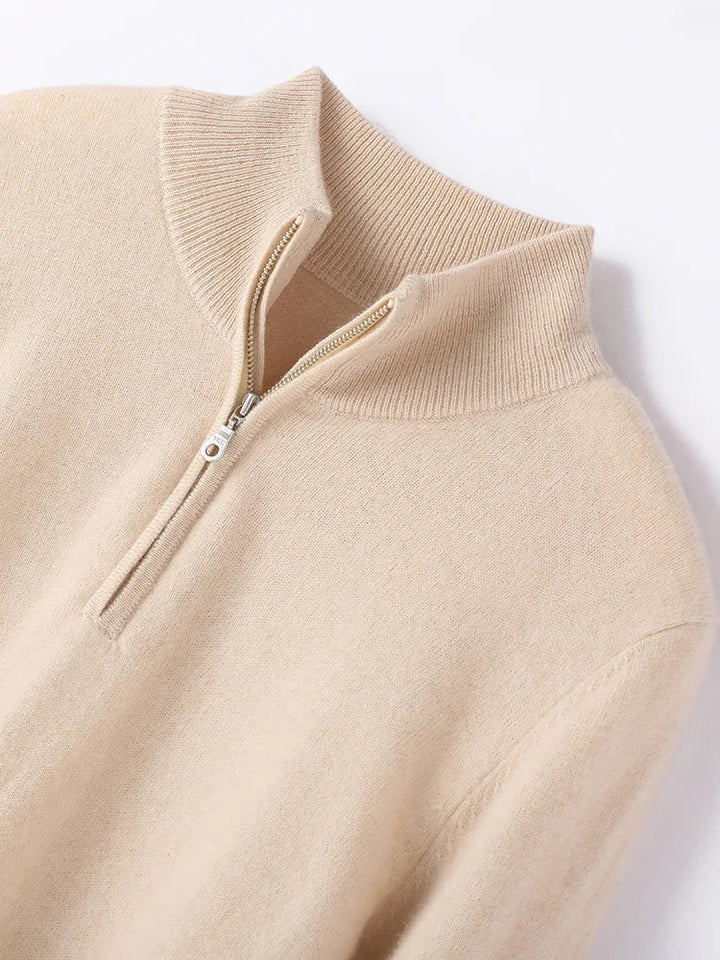 Women's cashmere zip up jumper in neutral tone for versatile wardrobe styling
