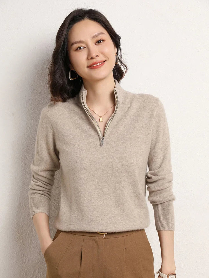 Back view of women's cashmere zip up jumper showing relaxed silhouette and ribbed hem