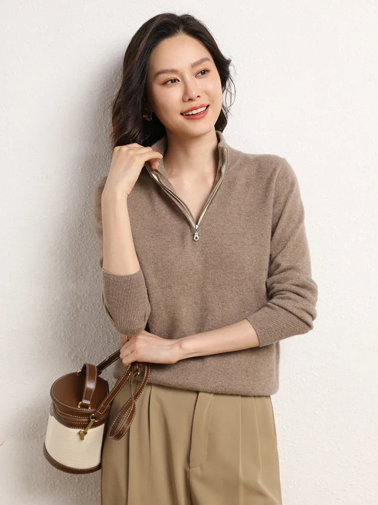 Women's cashmere zip up jumper in khaki colourway with stand-up collar detail