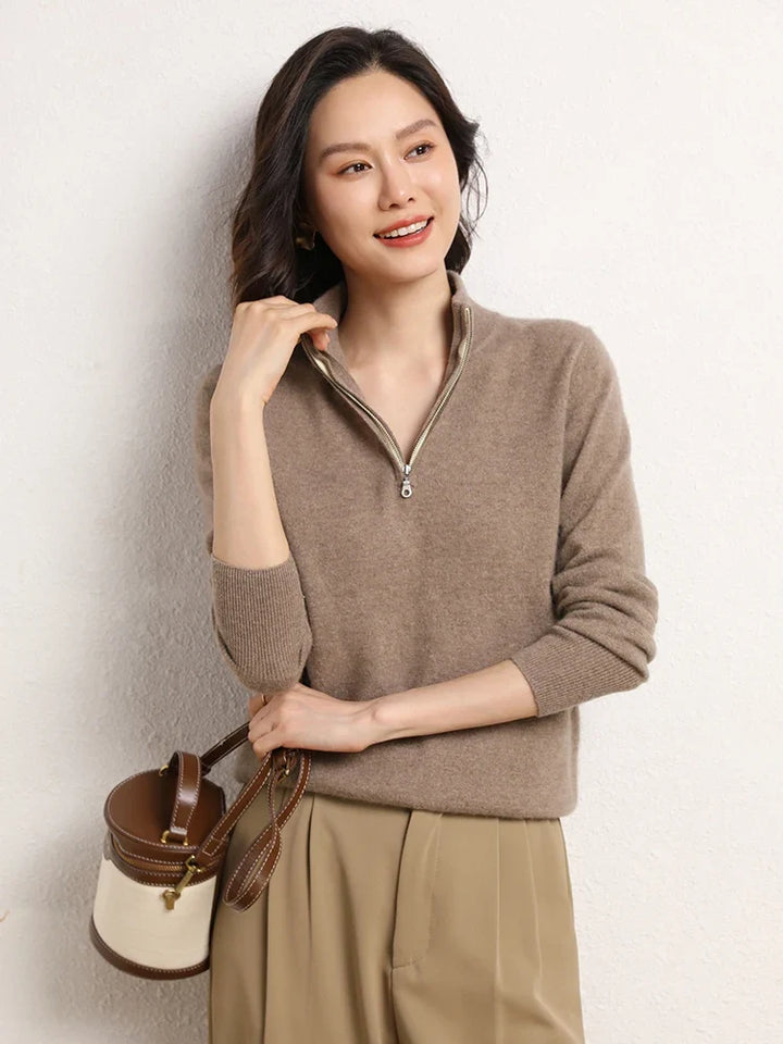 Women's cashmere zip up jumper in khaki colourway with stand-up collar detail