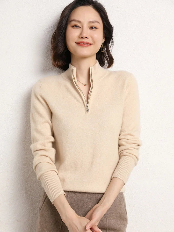 Women's cashmere zip up jumper styled for layering over shirt with trousers