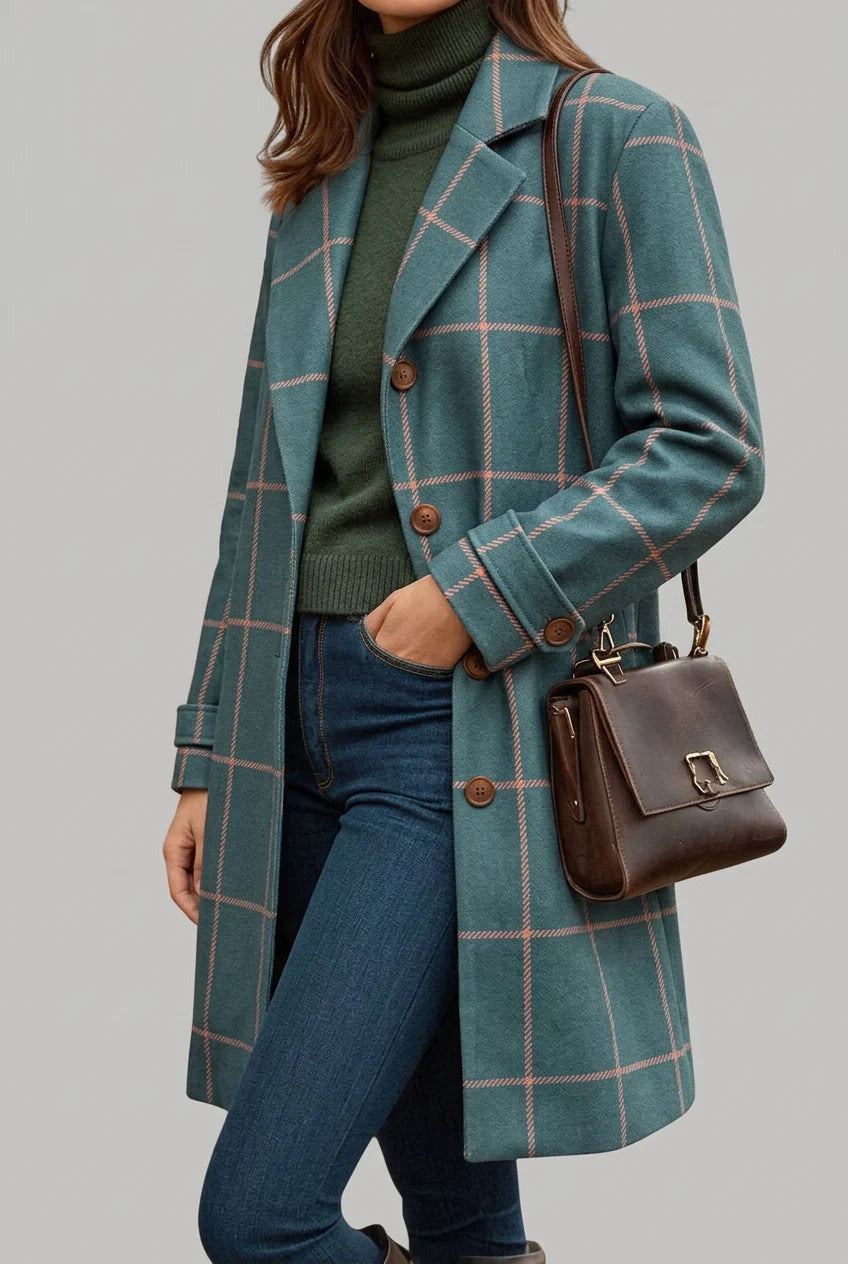 Women's check coat longline in teal check pattern with button front closure and notched lapels