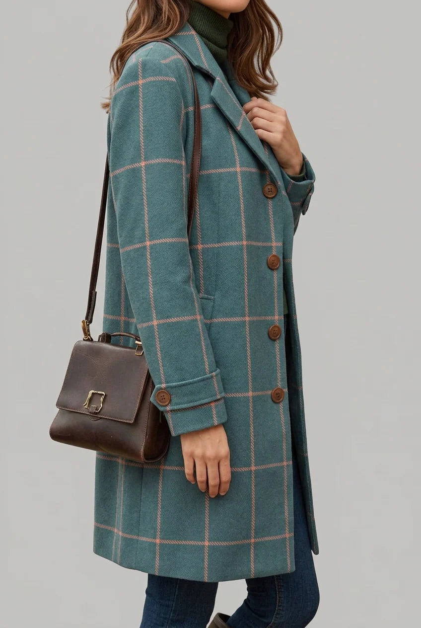 Teal check longline coat for women showing structured tailored silhouette and woven check pattern