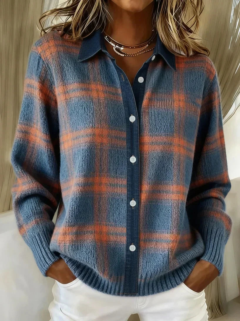 Women's checked knit cardigan in teal and rust tones with button-front closure and classic collar
