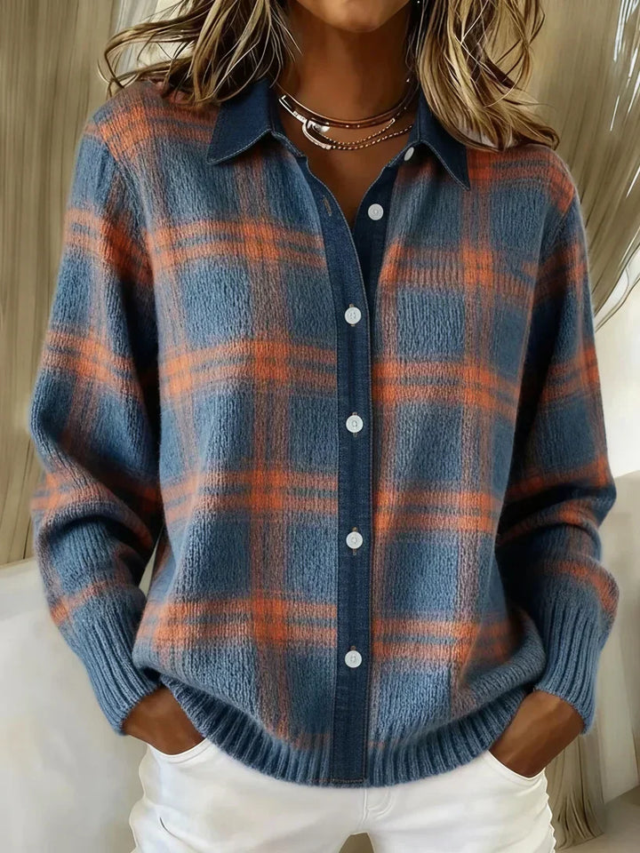 Women's checked knit cardigan in teal and rust tones with button-front closure and classic collar