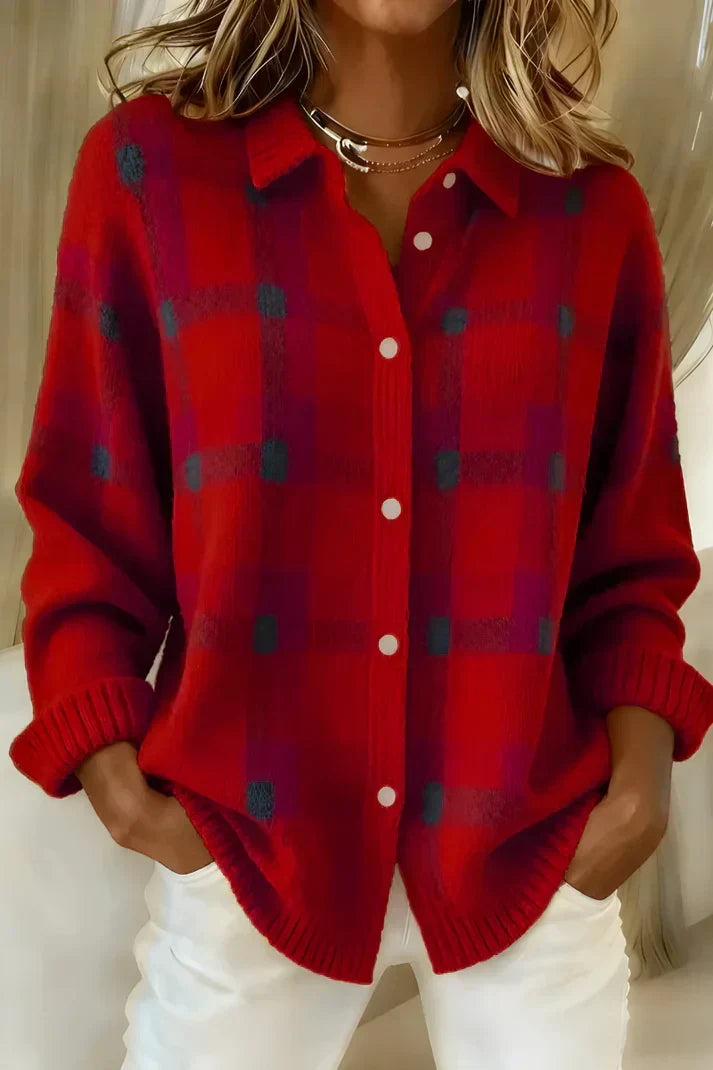 Close-up of checked knit cardigan showing textured fabric and button detail on relaxed-fit silhouette