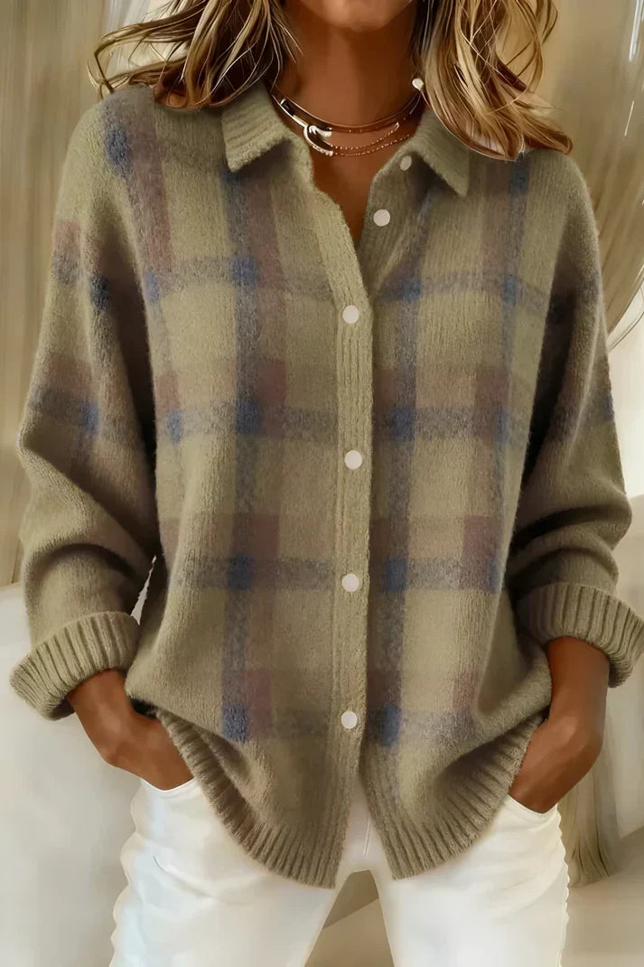 Rear view of checked knit cardigan showing relaxed fit and longline cut at hip length