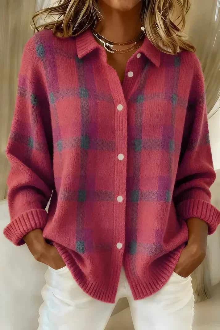 Detail of checked pattern on women's knit cardigan with soft textured fabric and ribbed trims