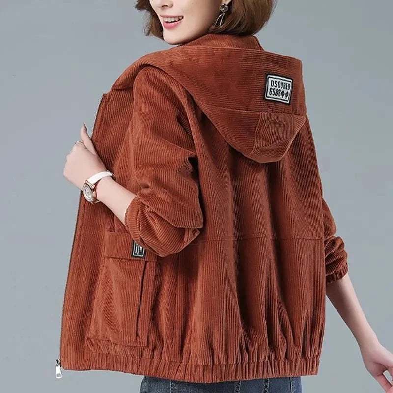 Women's corduroy hooded jacket in rust with zip-front closure and patch pockets