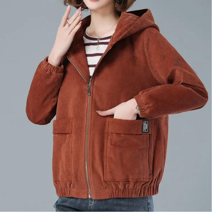 Back view of relaxed-fit corduroy jacket with attached hood and elasticated hem