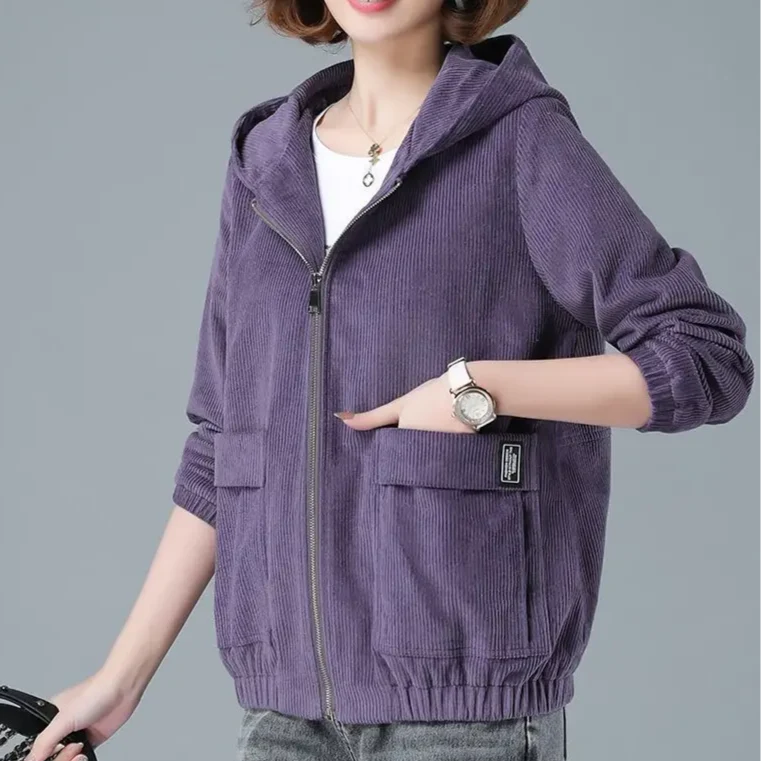 Detail of elasticated cuff and hem on corduroy hooded jacket