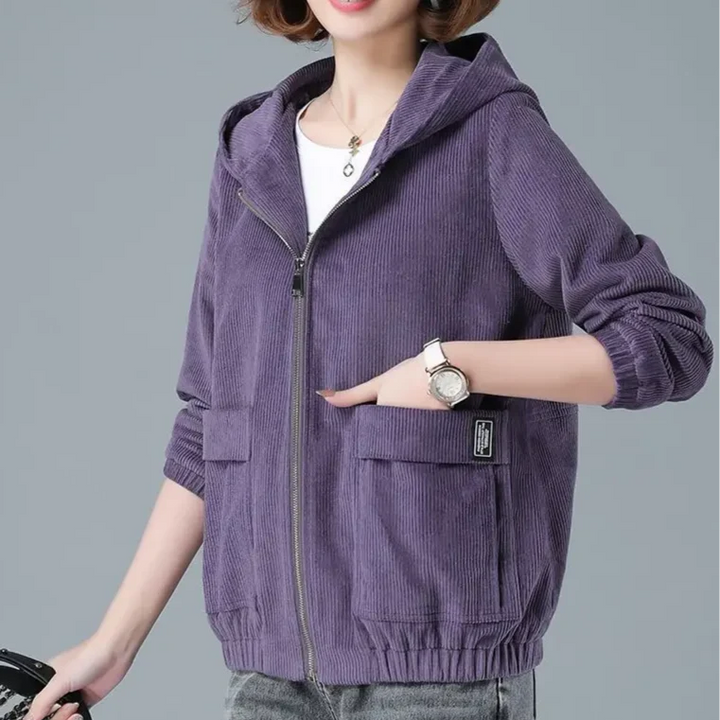 Detail of elasticated cuff and hem on corduroy hooded jacket