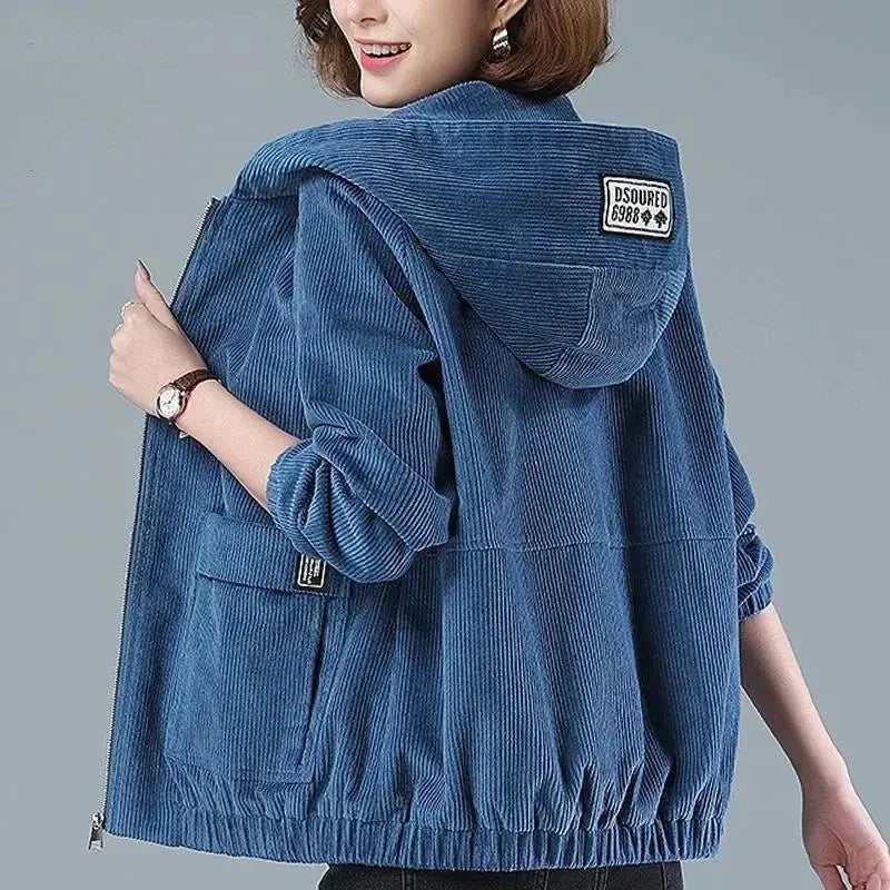 Front view of women's corduroy jacket with functional zip and hood