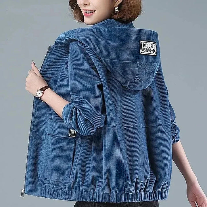 Front view of women's corduroy jacket with functional zip and hood