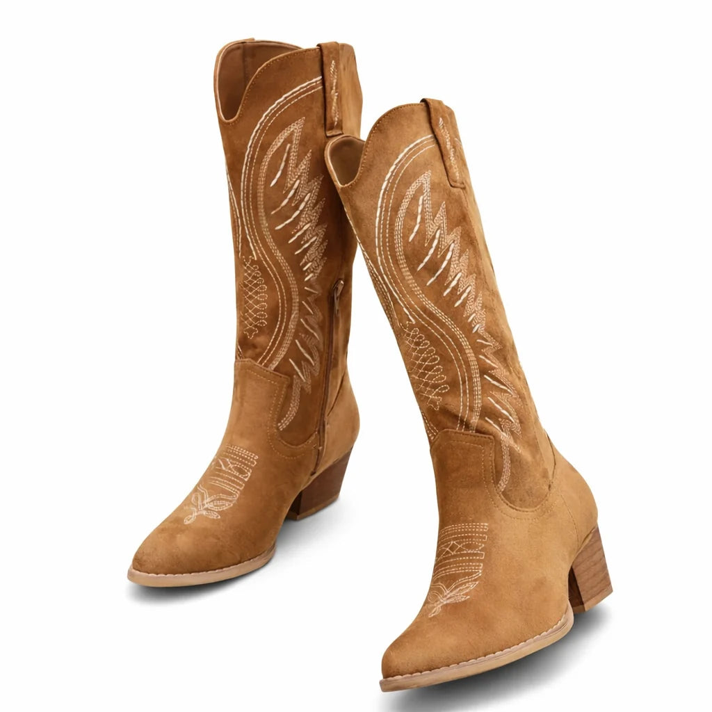 Side view of mid-calf cowboy boots with stacked block heel and slip-on construction