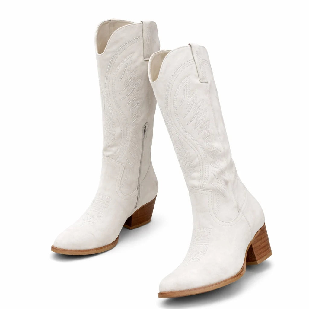 Detail shot of embroidered cowboy boots highlighting traditional western motifs and pull tabs