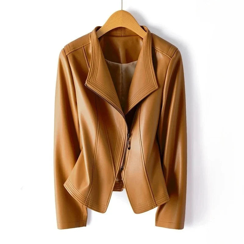 Women's leather biker jacket flat lay showing asymmetric zip closure and long sleeves